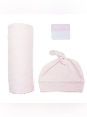 Lulujo Birth Announcement Pink Hat & Swaddle Receiving Blanket Set